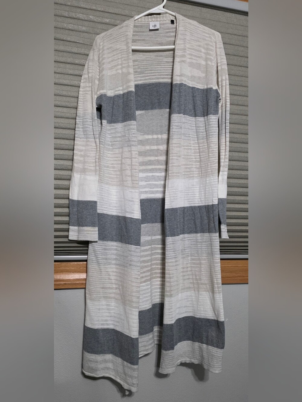 CABI Striped Open Front Long Cardigan in Gray and Cream
